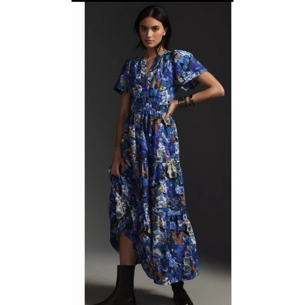 Anthropologie The Somerset Maxi Dress Watercolor Print SZ XS Boho Cottage Artsy